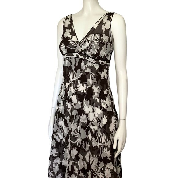 Vintage Y2K 100% Silk Ann Taylor Brown White Floral Midi Dress S/M Size 8 V Neck - Picture 8 of 14